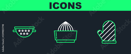 Set line Oven glove, Kitchen colander and Citrus fruit juicer icon. Vector