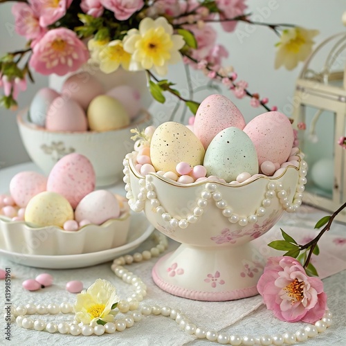 Pastel Easter Eggs in Elegant Pearl-Trimmed Bowls with Spring Flowers