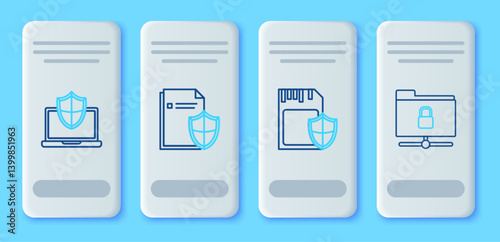 Set line Document protection concept, SD card and shield, Laptop protected with and FTP folder lock icon. Vector