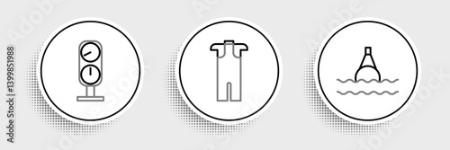 Set line Floating buoy on the sea, Gauge scale and Wetsuit for scuba diving icon. Vector