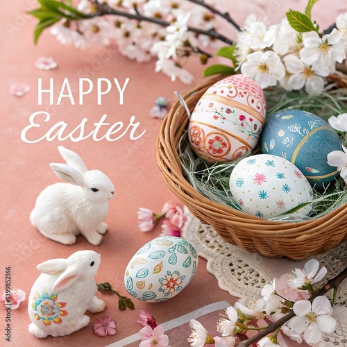 Happy Easter: Pastel Decorated Eggs in Basket with Bunnies and Blossoms