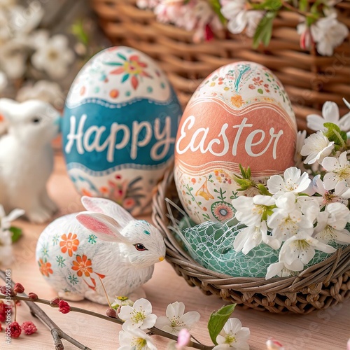 Hand-Painted Easter Eggs with Bunnies and Blossoms: Festive Spring Decor, Whimsical Artwork, Pastel Colors