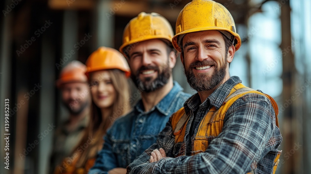 Construction workers smiling,  in-progress building site, teamwork,  positive business
