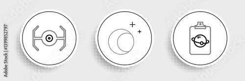 Set line Planet, Cosmic ship and Moon and stars icon. Vector