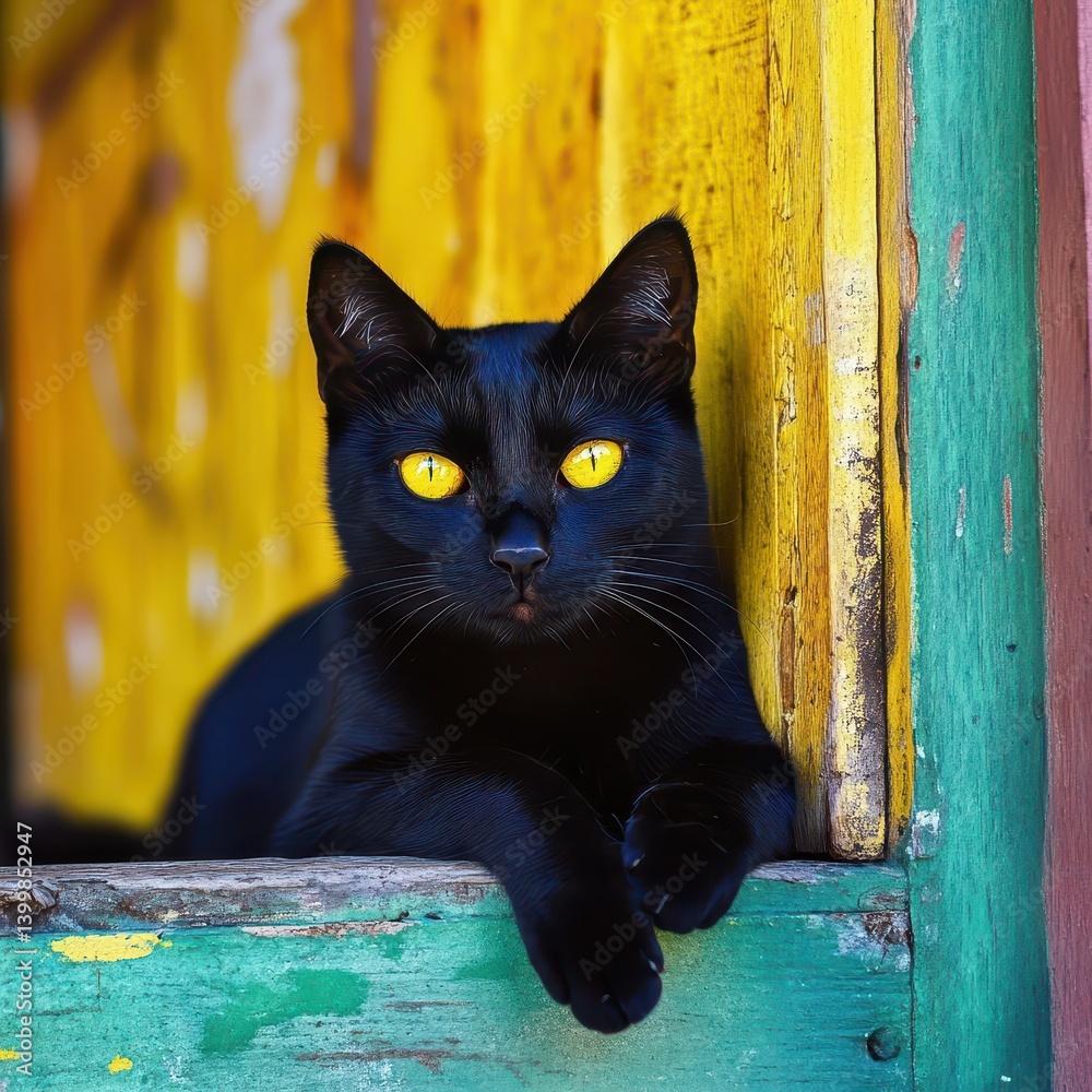 Black cat relaxing on colorful window ledge