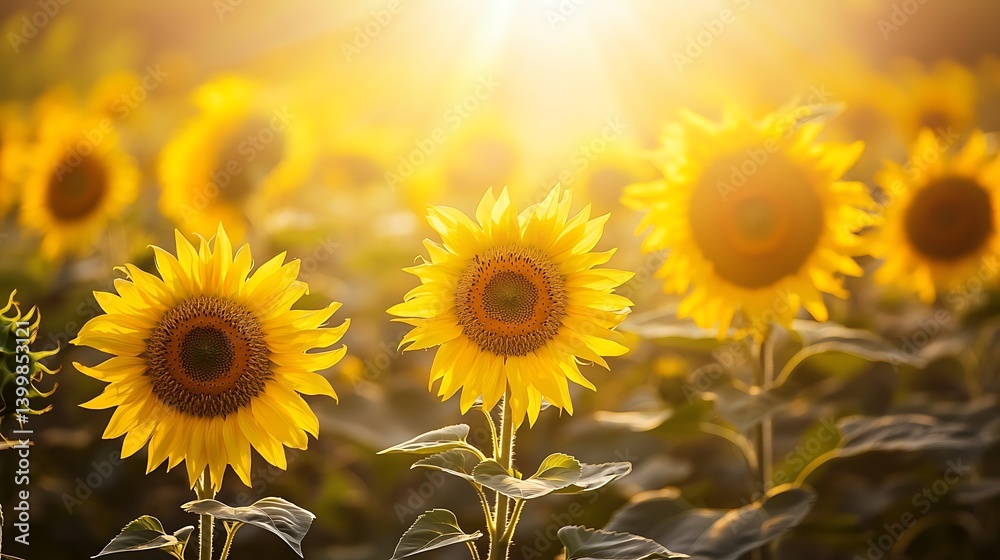 Obraz premium Vibrant sunflowers in a field at sunset.
