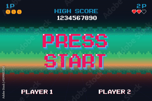 PRESS START. INSERT A COIN TO CONTINUE. pixel art .8 bit game. retro game. for game assets. Retro Futurism Sci-Fi Background. glowing neon grid. and stars from vintage arcade computer games