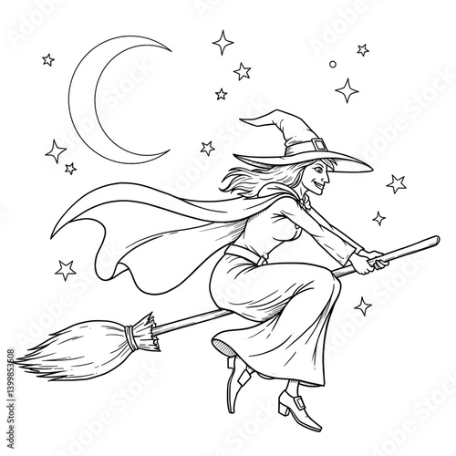Coloring Illustration of Witch on Broomstick with Pointed Hat and Cape Flying at Night