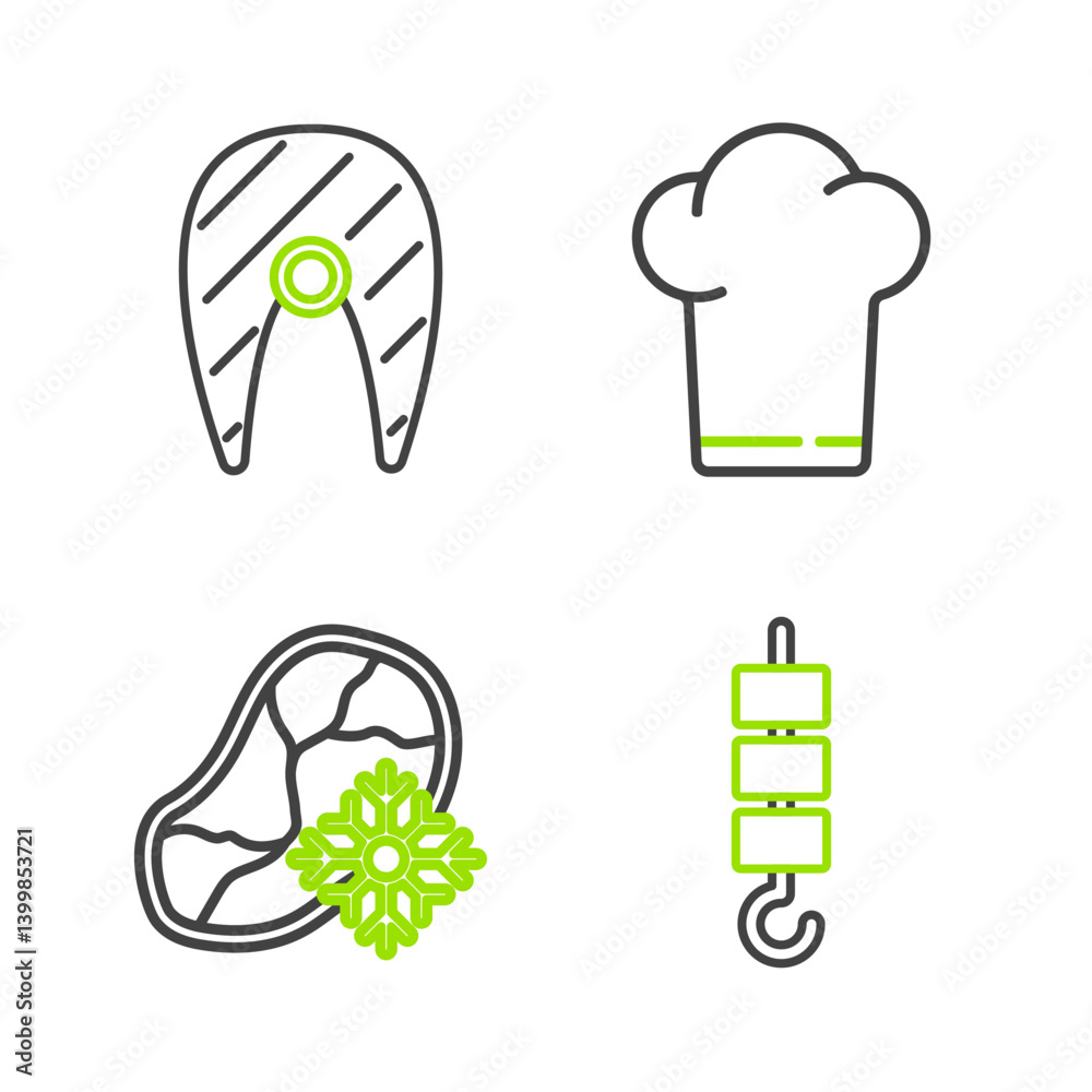 Set line Grilled shish kebab on skewer stick, Fresh frozen steak meat, Chef hat and Fish icon. Vector Set line Grilled shish kebab on skewer stick, Fresh frozen steak meat, Chef hat and Fish icon. Vector