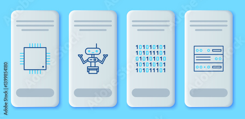 Set line Robot, Binary code, Processor with microcircuits CPU and Server, Data, Web Hosting icon. Vector