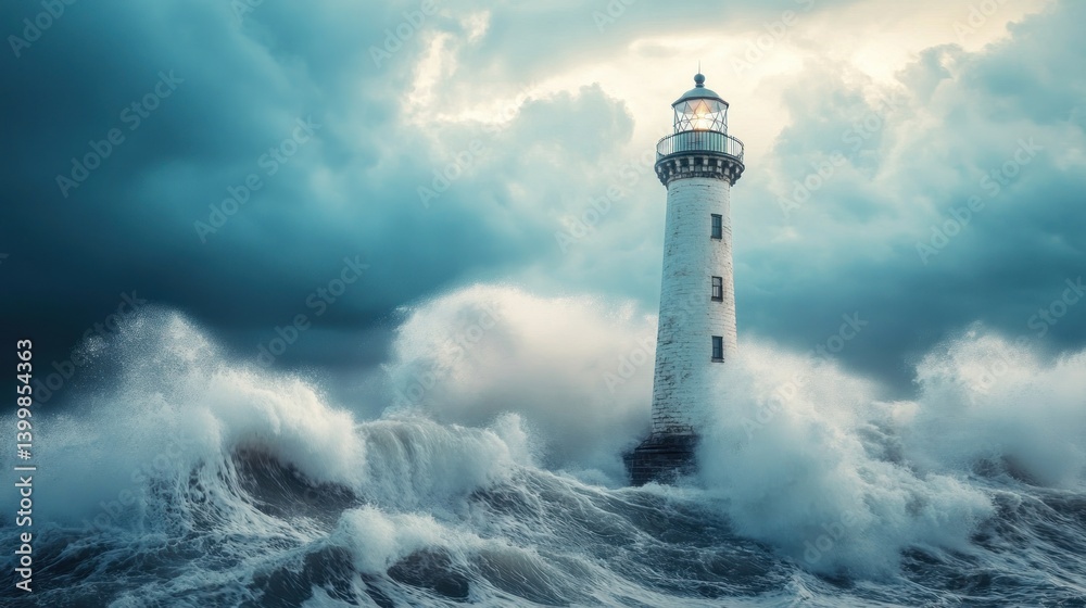 Lighthouse amidst a stormy sea. Powerful waves crash against a sturdy lighthouse, illuminated by a guiding light against a dramatic sky filled with dark clouds. Lighthouse amidst a stormy sea. Powerful waves crash against a sturdy lighthouse, illuminated by a guiding light against a dramatic sky filled with dark clouds.