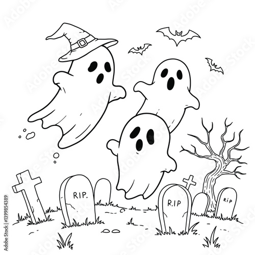 Halloween Coloring Page Cheerful Floating Ghosts in Graveyard with Headstones Spooky Tree and Bats