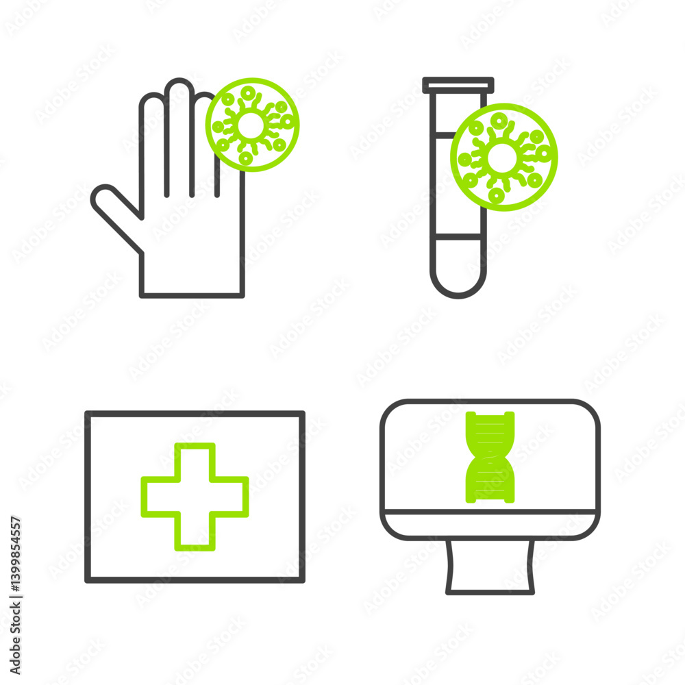 Set line DNA spiral and computer, First aid kit, Test tube with virus and Hand icon. Vector Set line DNA spiral and computer, First aid kit, Test tube with virus and Hand icon. Vector