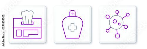 Set line Virus, Wet wipe pack and Bottle of liquid antibacterial soap icon. Vector
