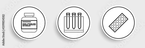 Set line Pills in blister pack, Medicine bottle and pills and Blood test virus icon. Vector
