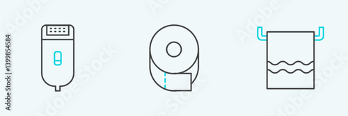 Set line Towel on a hanger, Electrical hair clipper or shaver and Toilet paper roll icon. Vector