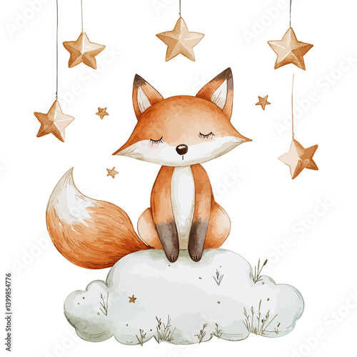 Dreamy Fox: A watercolor illustration featuring a charming fox seated atop a cloud, surrounded by suspended golden stars. This delightful image radiates a sense of tranquility.