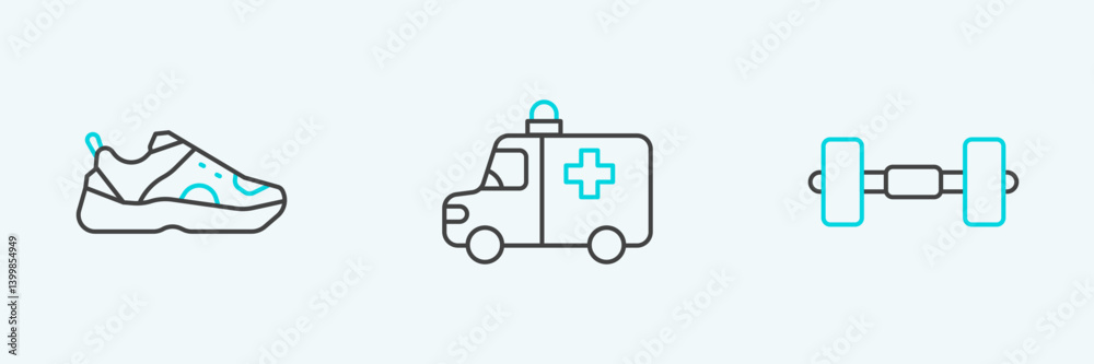 Fototapeta premium Set line Dumbbell, Sport sneakers and Ambulance and emergency car icon. Vector