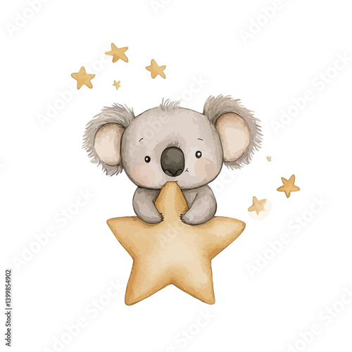 Starry-Eyed Koala: A charming watercolor illustration features a sweet koala hugging a star, surrounded by a scattering of twinkling stars.
