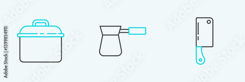 Set line Meat chopper, Cooking pot and Coffee turk icon. Vector