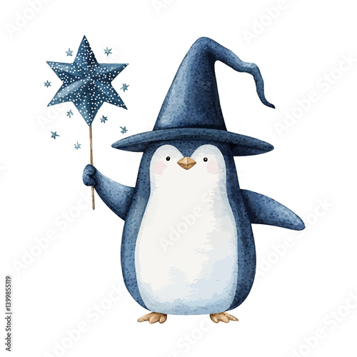 Mystical Penguin Wizard: A whimsical illustration of a penguin dressed as a wizard, complete with a pointy hat and a magical star wand. The image captures the magic of imagination.