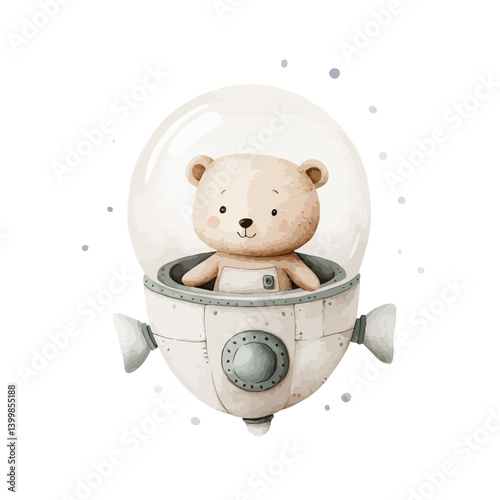 Astronaut Bear's Cosmic Voyage: An adorable cartoon teddy bear, clad in a miniature astronaut suit, embarks on an interstellar adventure within a whimsical spaceship.
