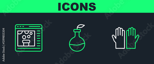 Set line Medical rubber gloves, Chemical online and Plant breeding icon. Vector