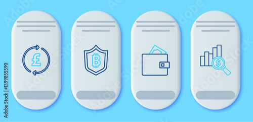 Set line Shield with bitcoin, Wallet money, Coin pound and Pie chart and dollar icon. Vector