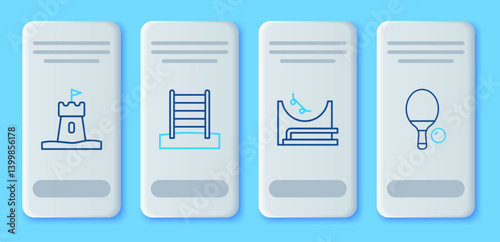 Set line Swedish wall, Skate park, Sand tower and Racket ball icon. Vector