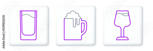 Set line Wine glass, Shot and Wooden beer mug icon. Vector