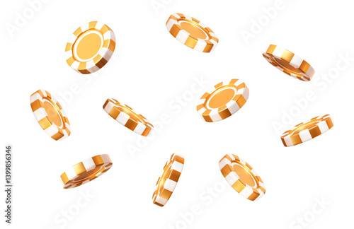 3d flying golden casino poker chips and coins with different angles. Gold and white chips for betting and gambling games. Stock vector illustration on isolated background.	