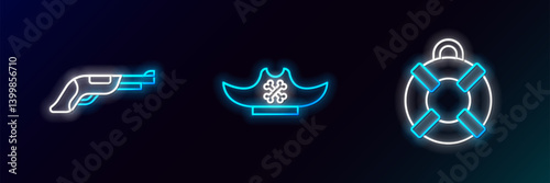 Set line Lifebuoy, Vintage pistol and Pirate hat icon. Glowing neon. Vector
