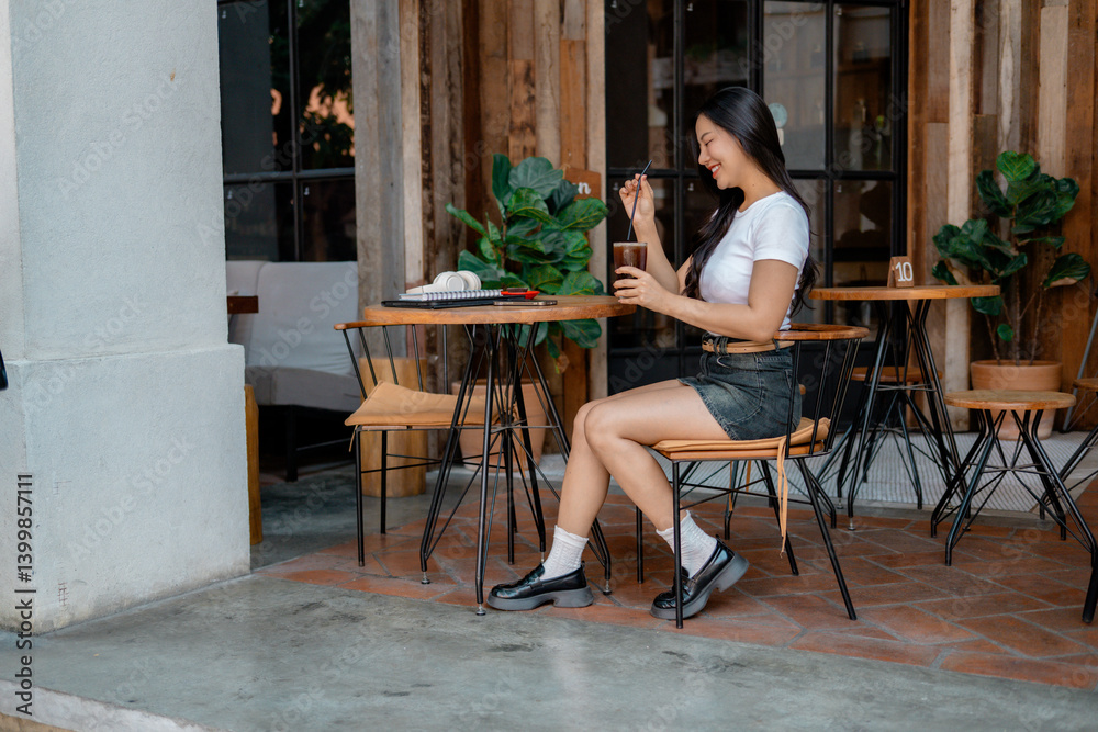 Fototapeta premium Young woman enjoying iced coffee at outdoor cafe, stirring with straw