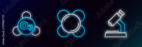 Set line Microscope, Ozone and Molecule icon. Glowing neon. Vector
