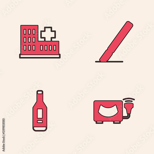Set Ultrasound, Hospital building, Surgery scalpel and Digital thermometer icon. Vector