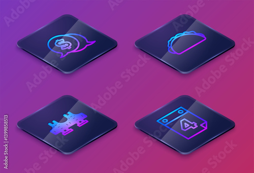 Set Isometric line Coin money with dollar, Golden gate bridge, Taco tortilla and Calendar date July 4. Blue square button. Vector