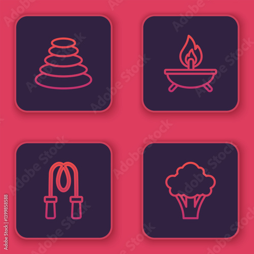 Set line Stack hot stones, Jump rope, Aroma candle and Broccoli. Blue square button. Vector