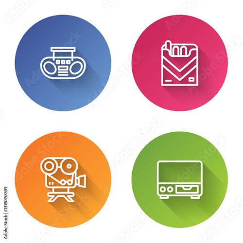Set line Home stereo with two speakers, Cigarettes pack box, Retro cinema camera and Old video cassette player. Color circle button. Vector