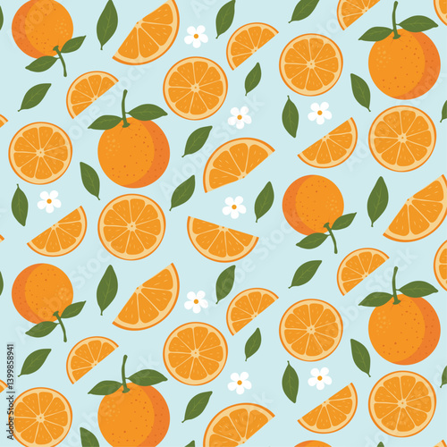 Vibrant Orange Seamless Pattern with Blossoms and Slices