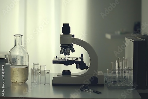 Microscope with lab glassware for science research concept