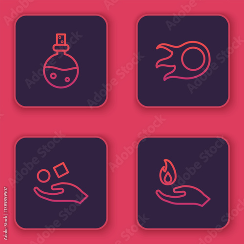 Set line Bottle with love potion, Cube levitating above hand, Fireball and Hand holding fire. Blue square button. Vector