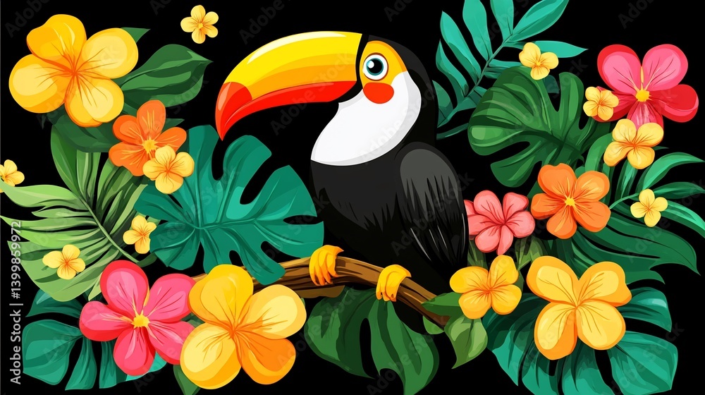 Naklejka premium Vibrant Toucan Amidst Lush Tropical Flora
