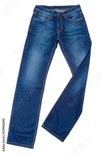 Fashion and Clothing Concepts. Pair of New Mans Blue Jeans Trousers Placed Flat Over Pure White