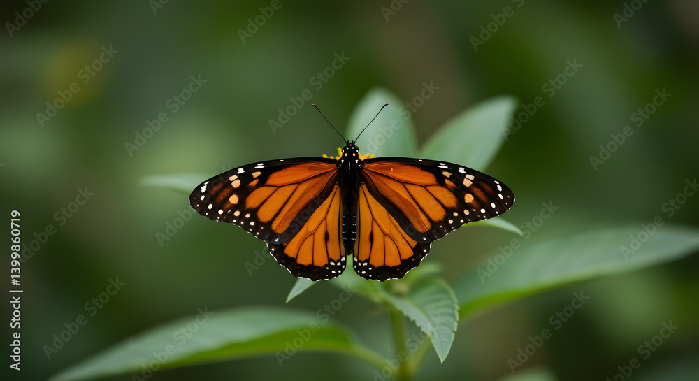 Single Monarch butterfly (Danaus plexippus) resting on a green plant stem against a softly blurred green background in natural light. Single Monarch butterfly (Danaus plexippus) resting on a green plant stem against a softly blurred green background in natural light.
