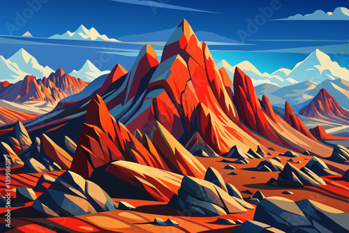 windswept mountaintop where the bare ground is covered in bold colored stones and craggy outcrops, blue sky and clouds
