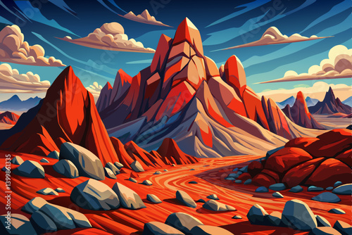 windswept mountaintop where the bare ground is covered in bold colored stones and craggy outcrops, blue sky and clouds