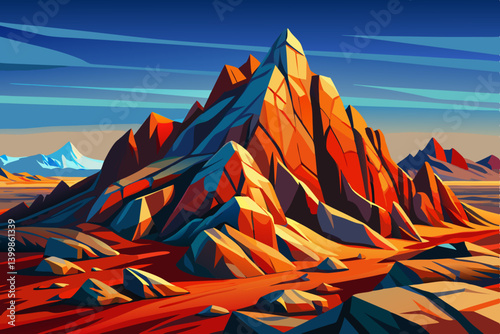 windswept mountaintop where the bare ground is covered in bold colored stones and craggy outcrops, blue sky and clouds