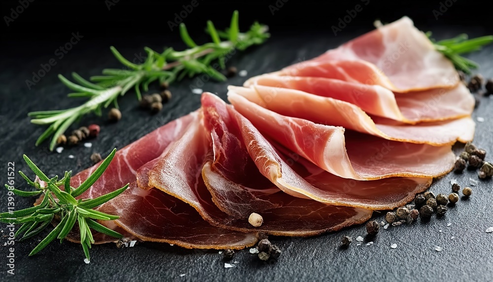 Thin slices of cured ham arranged in circular patterns on a dark slate stone, garnished with rosemary sprigs and black peppercorns, dramatic side lighting emphasizing meat marbling. Thin slices of cured ham arranged in circular patterns on a dark slate stone, garnished with rosemary sprigs and black peppercorns, dramatic side lighting emphasizing meat marbling.
