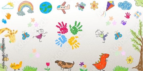 Cute Kid Scribble Drawing Background Children Draw Freely With Colored Pencils Illustration Vector. Awesome Kid Scribble Drawing Banner Cover. Beautiful, Childish, Cloud, Kid Icon, Butterfly, Dinosaur