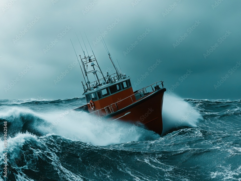 Naklejka premium Fishing boat navigating turbulent ocean waters during a storm dramatic seascape with crashing waves and dark sky
